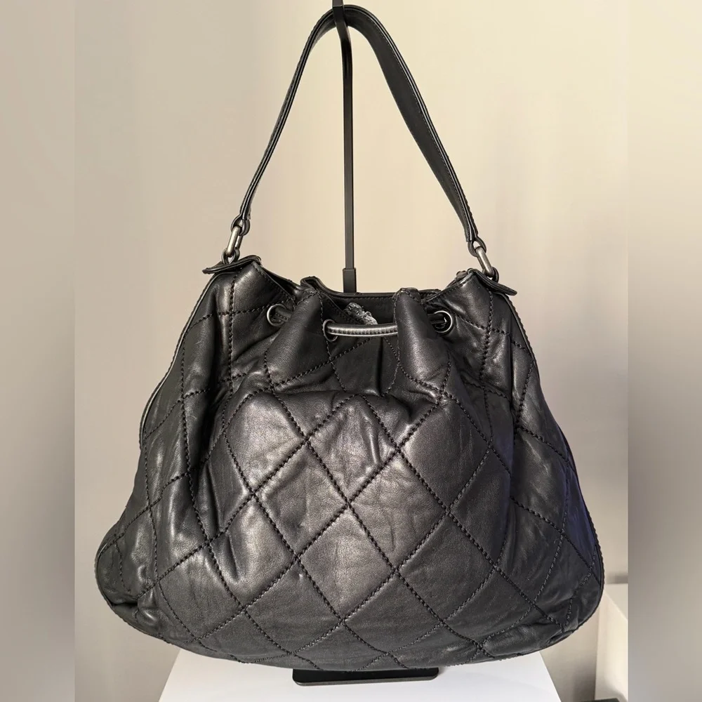 Chanel Wild Stitch Quilted Drawstring Hobo in Black Calfskin